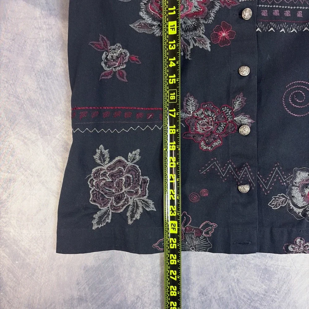 Laura Ashley Womens L Black Floral Embroidered Cotton Jacket Boho Button Front